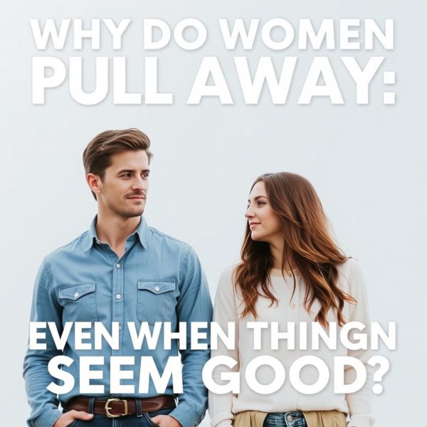 Man looking questioningly at a woman who is looking away, with the large text overlay "WHY DO WOMEN PULL AWAY: EVEN WHEN THINGS SEEM GOOD?" suggesting an article topic about relationship dynamics.