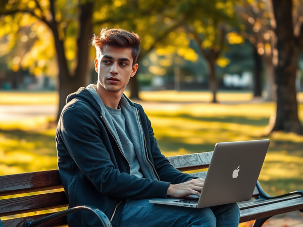 A young man sits on a park bench using a laptop, looking thoughtfully into the distance amidst sunlit trees.