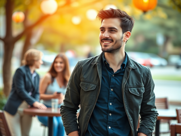 A smiling man with dark hair and a beard, wearing a dark green jacket over a blue shirt, stands outdoors with two blurred women seated at a table in the background.