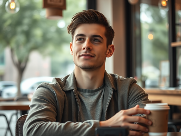 A young man with dark, styled hair and a light shirt, holding a coffee cup, looks thoughtfully out a window in a cafe.