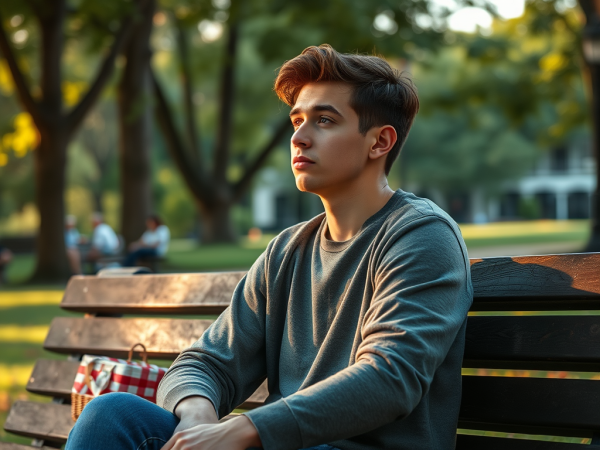 A young man with light brown, styled hair and a grey long-sleeved shirt sits thoughtfully on a park bench, looking into the distance.