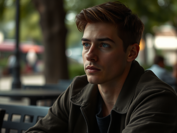 A young man with blue eyes and brown hair wearing a dark jacket sits outdoors, looking thoughtfully into the distance.