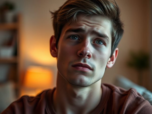 A young man with light brown hair and blue eyes looking upwards with a worried, confused, or uncertain expression. A warm, blurry indoor light is visible behind him.