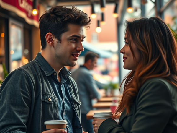 A young man and woman are sitting at a table, looking at each other and smiling, with coffee cups in their hands, seemingly on a date or having a casual conversation in a cafe setting.