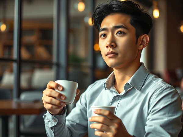 A thoughtful young Asian man holding two white cups in a cafe.