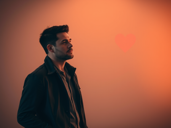 A man in a dark jacket looks thoughtfully towards a glowing, heart-shaped light in an orange-hued, foggy background.