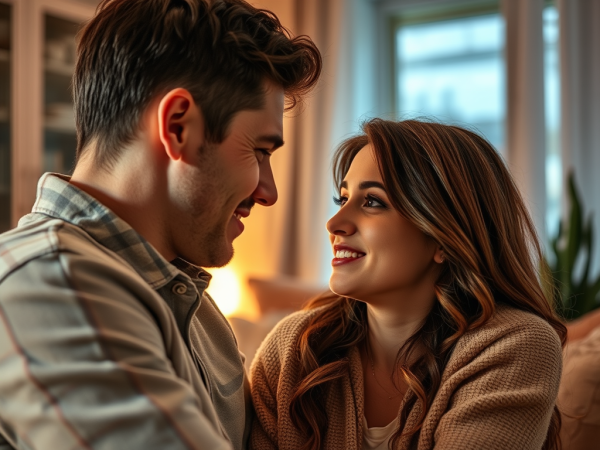 A man and a woman are smiling and looking warmly into each other's eyes, suggesting a deep connection.