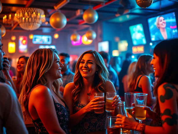 Three women smiling and laughing at a lively bar, holding drinks, with blurred people and colorful lights in the background.