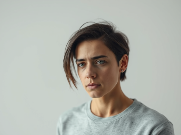 A young woman with short, dark, swept-aside hair and piercing blue eyes looks directly forward with a serious or concerned expression.