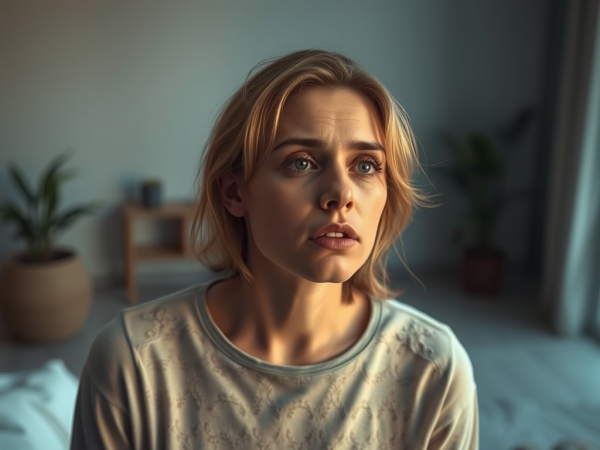 A young woman with blonde hair looks up with a worried or concerned expression in a softly lit room.