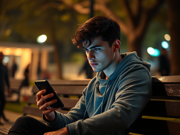 A young man with dark, styled hair sits on a park bench at night, intensely looking at his smartphone.