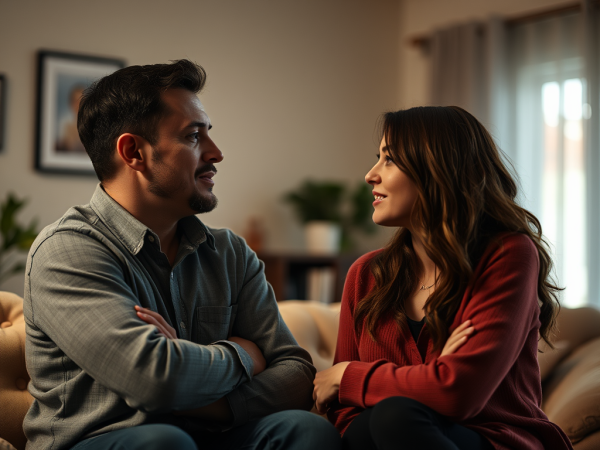 A man and a woman sitting on a sofa facing each other, engaged in conversation with relaxed postures.
