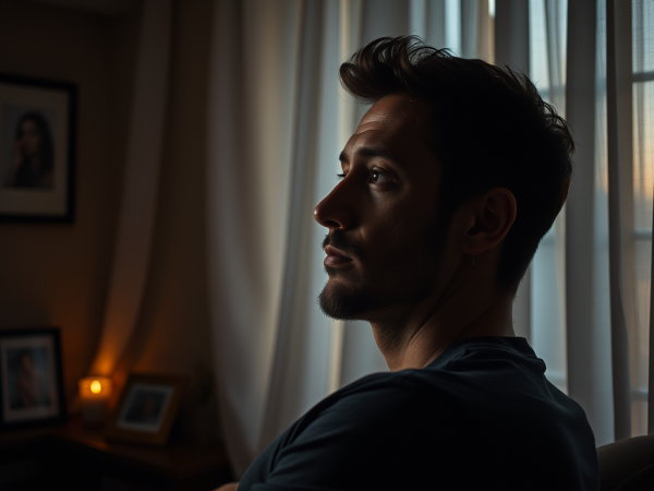 A man with a short beard and styled hair looks thoughtfully out a window, with warm indoor lighting and curtains in the background.