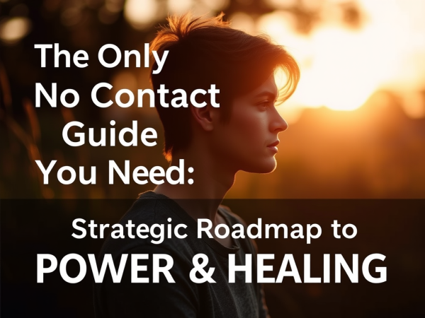 A young man with his head turned in profile, looking towards a bright, blurry sunset in the background. Text overlay reads: "The Only No Contact Guide You Need: Strategic Roadmap to POWER & HEALING"