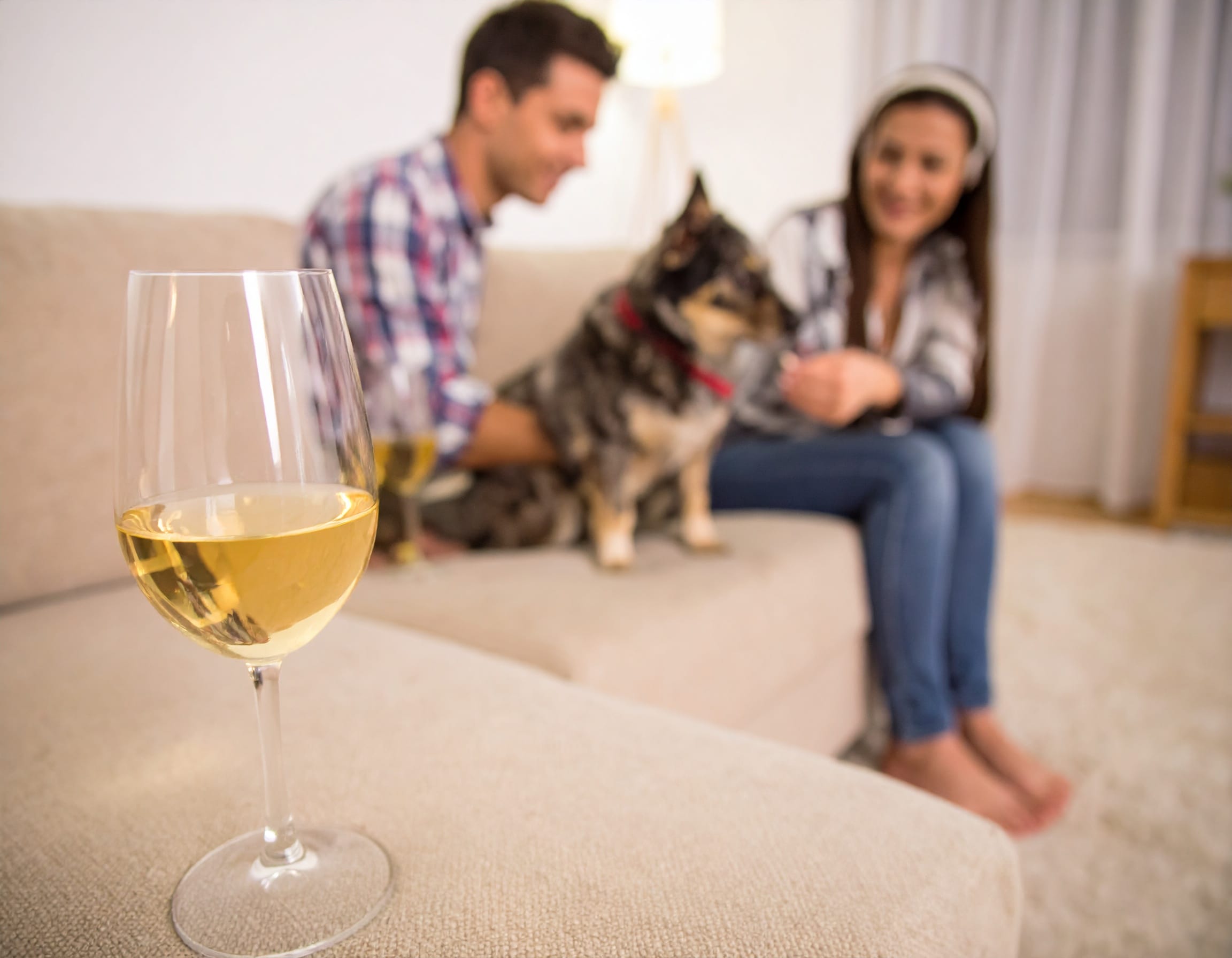 A glass of white wine in the foreground, with a smiling couple and their small dog blurred in the background on a couch.