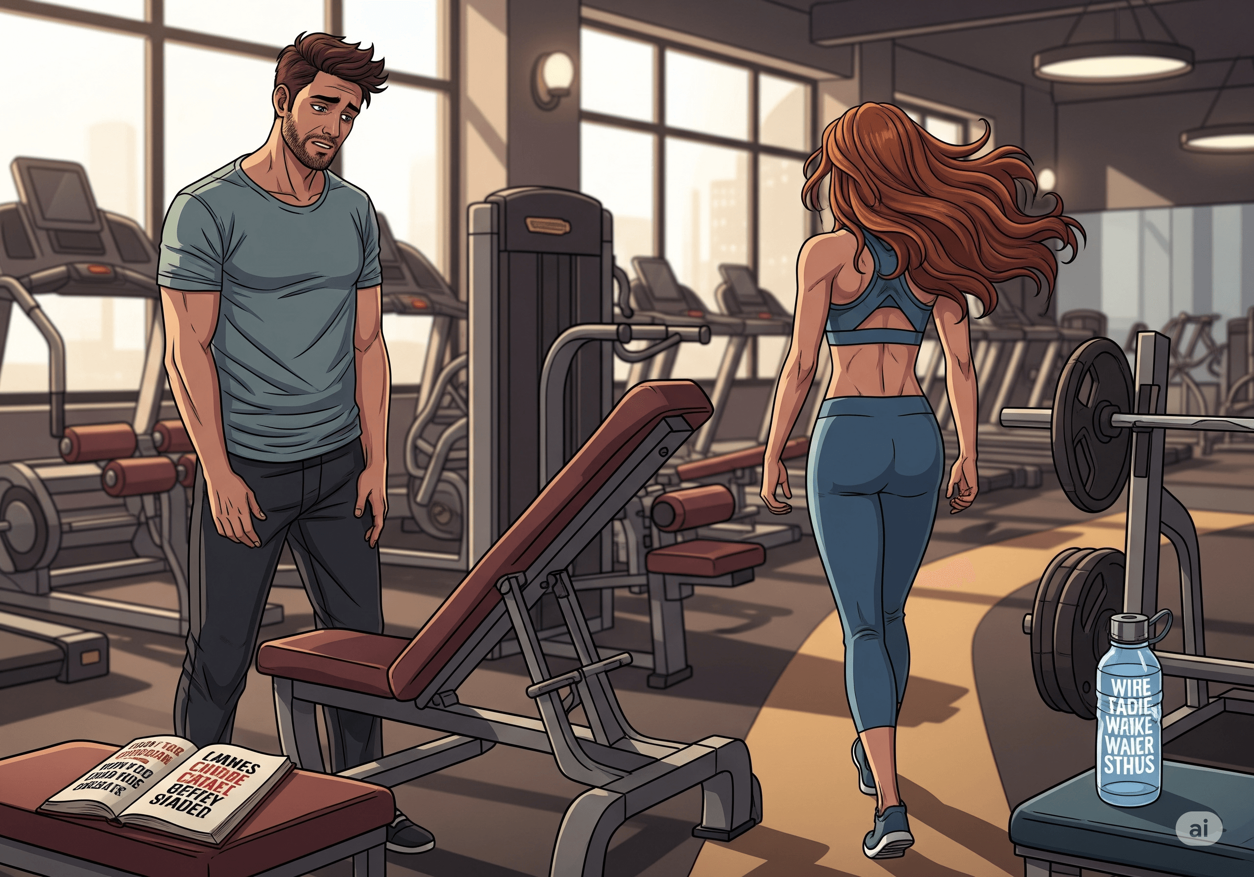 A man looking regretful at a gym while a woman walks away, with subtle elements hinting at self-improvement or a second chance.