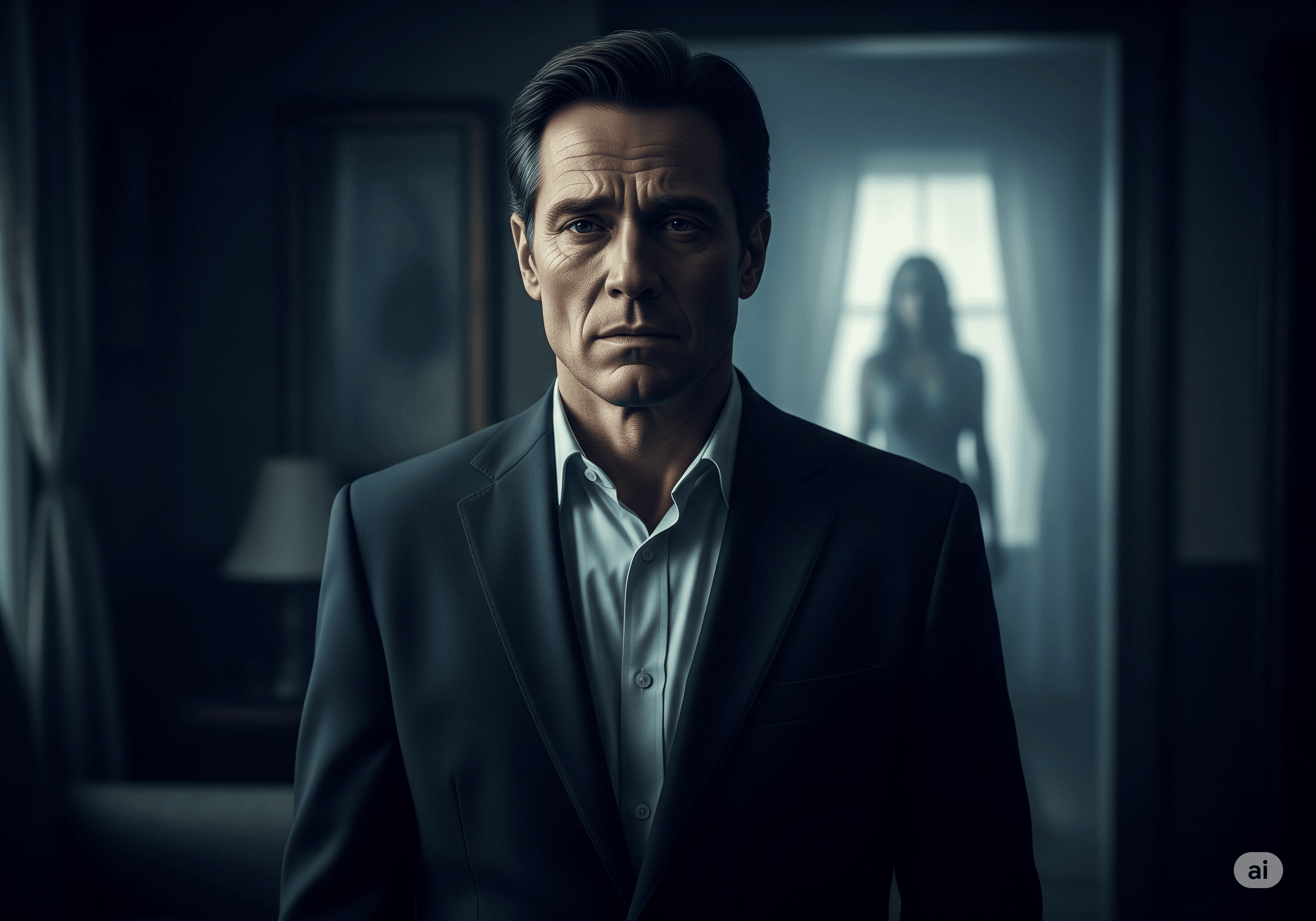 A man with a determined and serious expression, standing in a dimly lit room with a blurred female figure in the background.