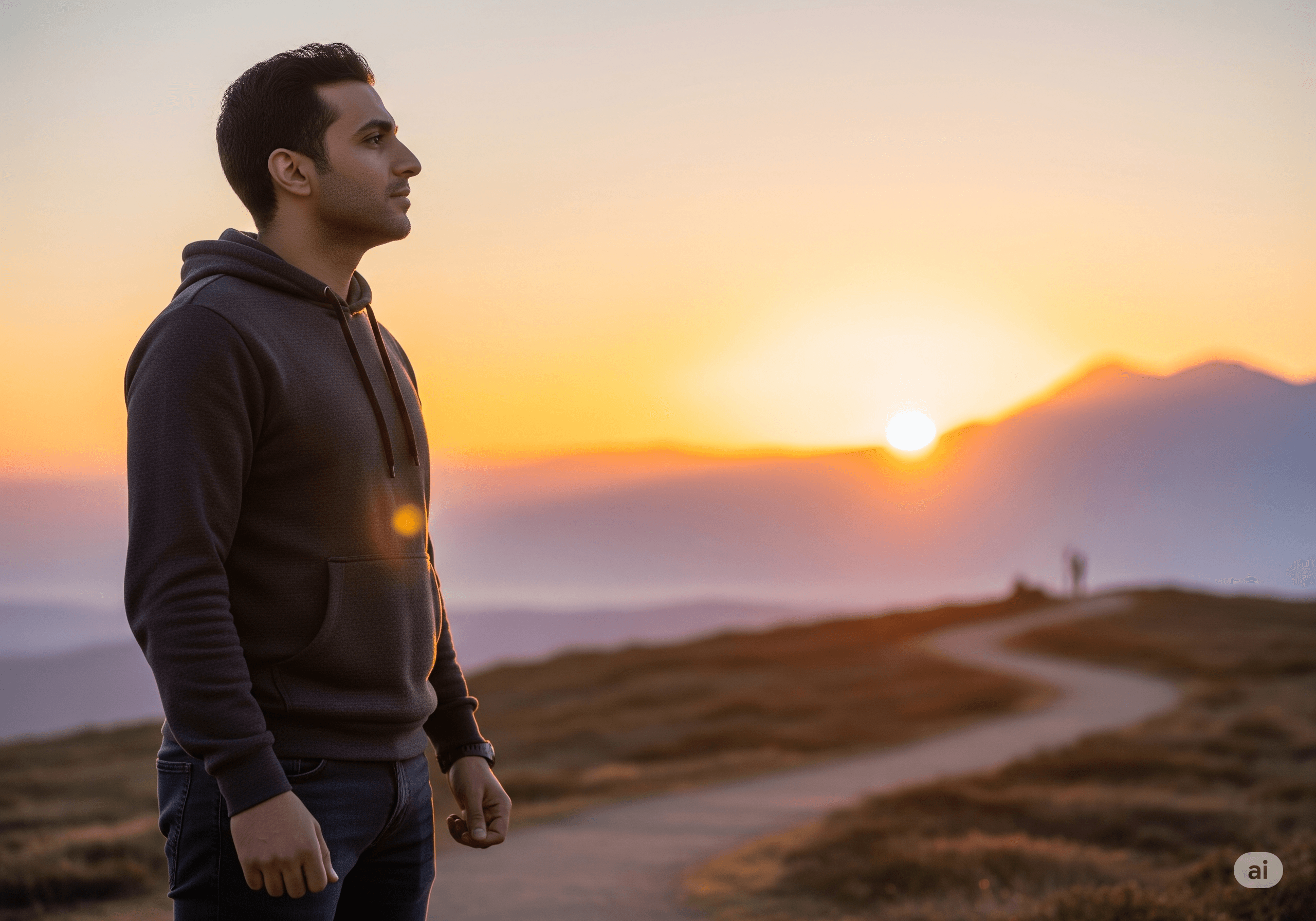 A man in profile, silhouetted against a colorful sunrise or sunset, stands on a hilltop path, reflecting on his journey and the vastness of the landscape before him.