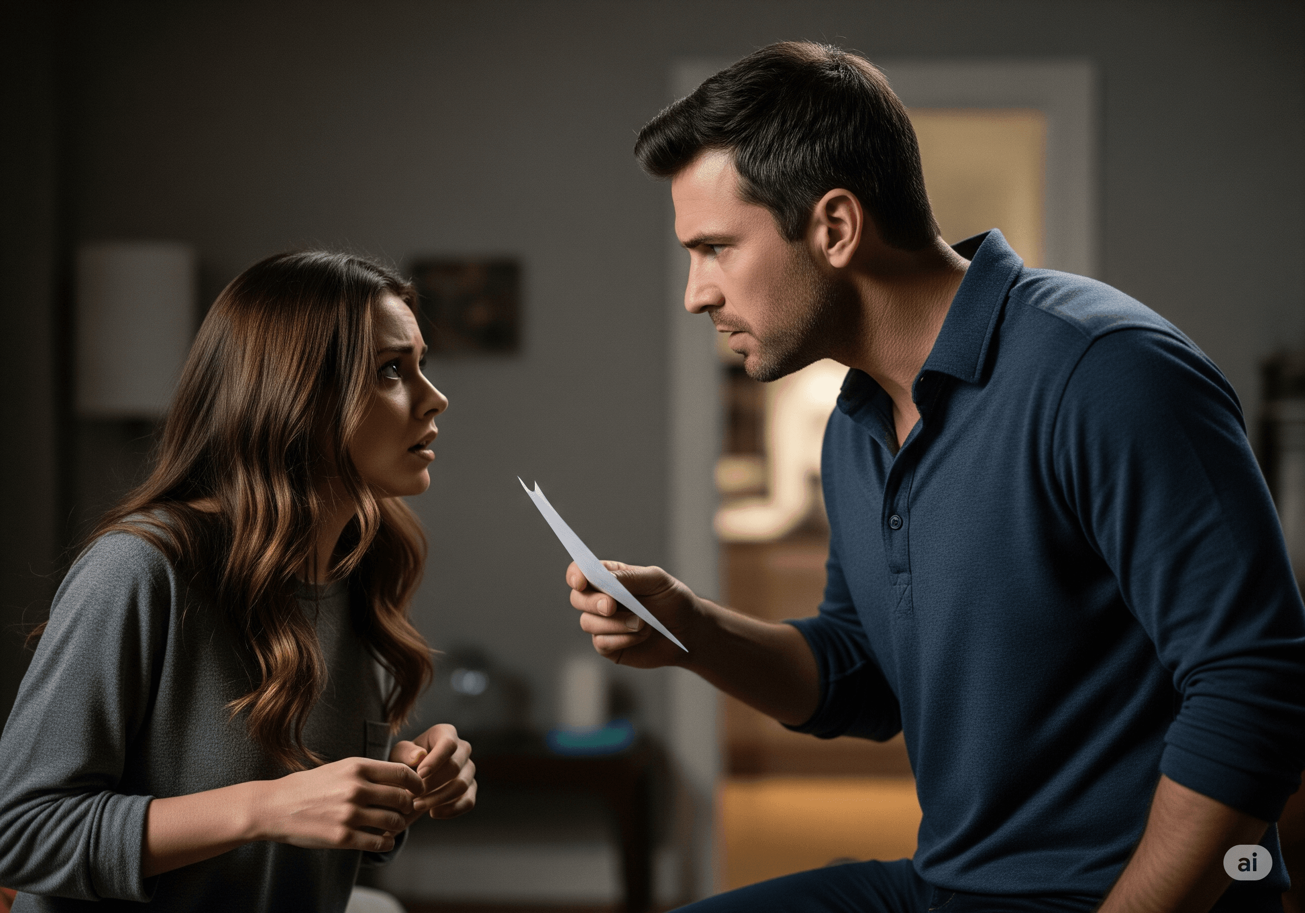 A man with a stern expression confronts his girlfriend, who appears startled, about a hidden letter in a dimly lit living room.