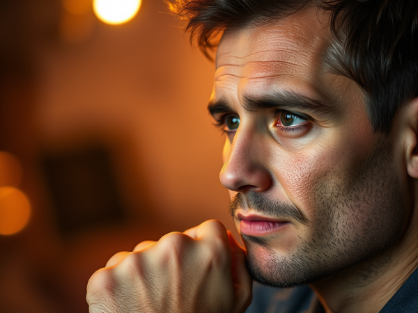 Close-up of a contemplative man with his hand on his chin, looking off to the side.