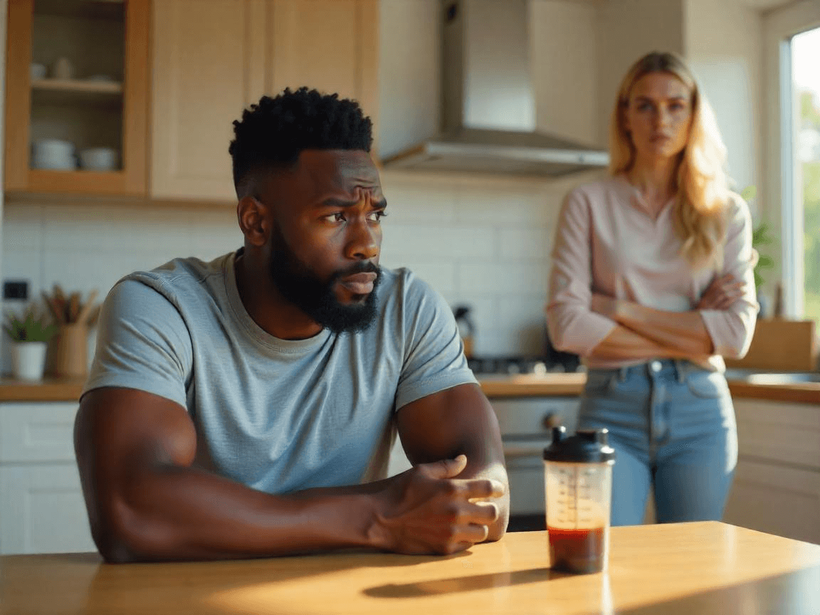 A concerned African American man with a beard sits at a kitchen table, looking away from a pre-workout shaker bottle in front of him. A blonde woman stands in the background with her arms crossed, looking upset.