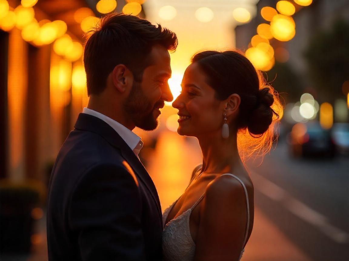 A man in a suit and a woman in a white dress smiling and looking at each other, silhouetted against a golden sunset with blurred lights in the background.