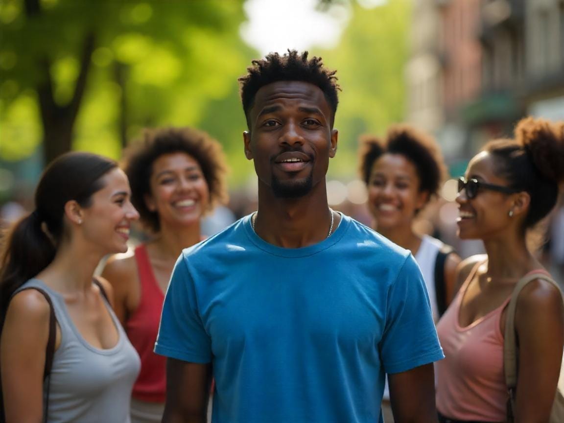 A confident Black man in a blue t-shirt smiles directly at the viewer, with several diverse women smiling and looking towards him in the background, suggesting his appeal.
