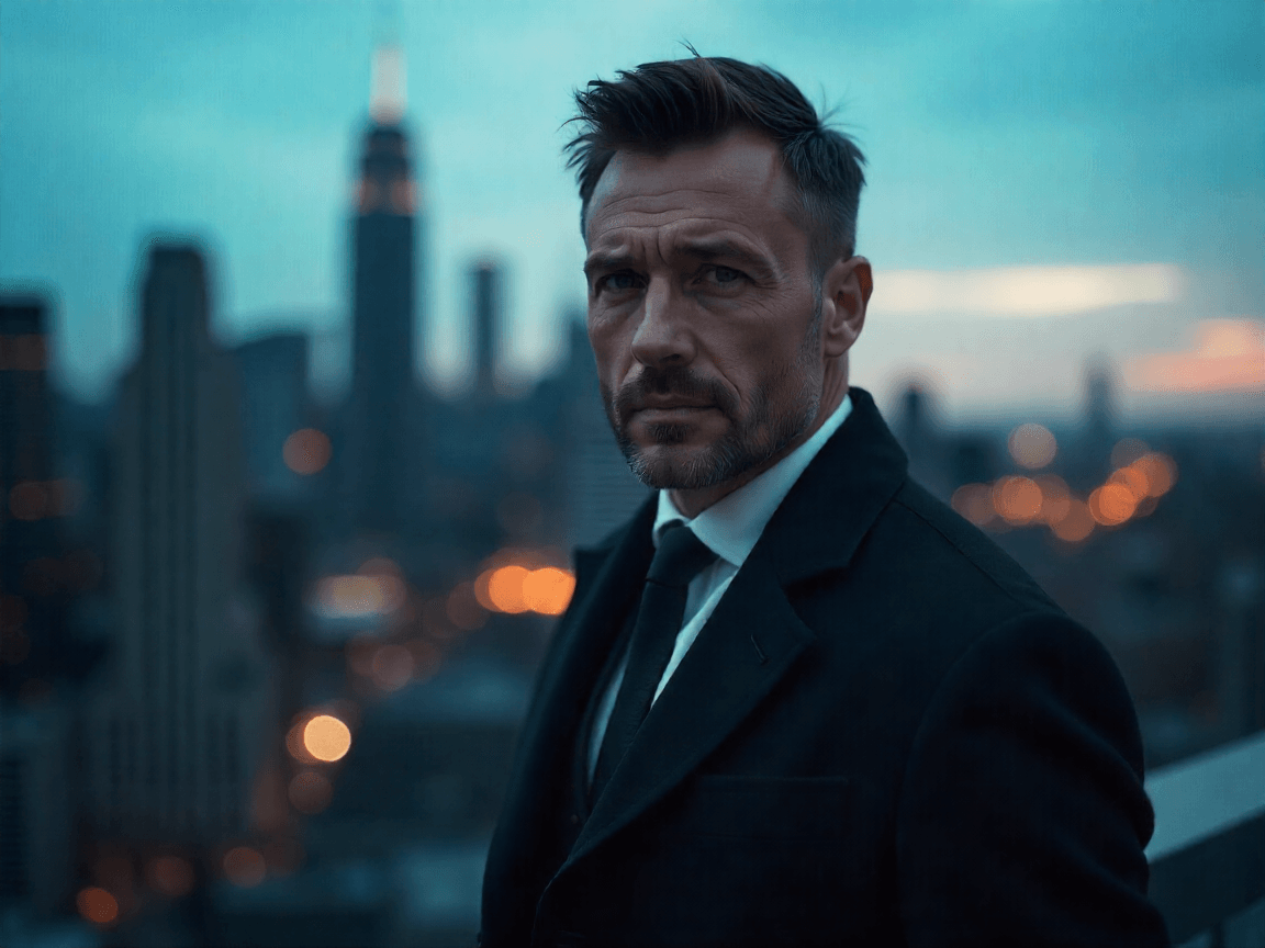 A confident, sharply dressed man with a determined expression in a dark coat and tie, standing outdoors with a blurred city skyline at dusk or dawn in the background.