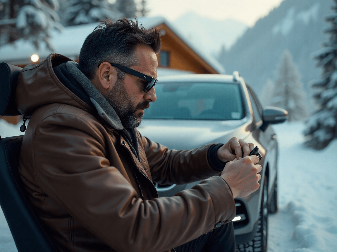 A man with a beard and sunglasses, wearing a brown leather jacket and gray hoodie, sits in a car looking intently at his phone or a small device in his hands. He is outdoors in a snowy, mountainous landscape with a cabin and an SUV in the background.