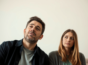 Man looking confused and thoughtful while woman looks away, depicting a couple after a breakup.