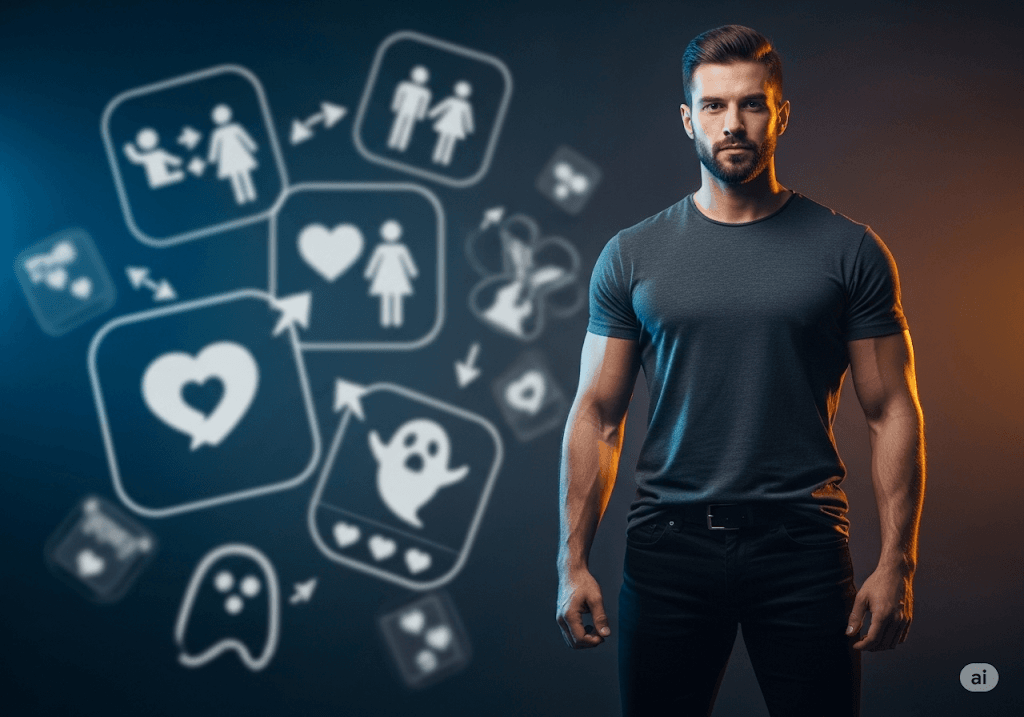 Alt Text Man stands confidently amidst blurred dating app icons and a ghost emoji, symbolizing mastering modern dating challenges.