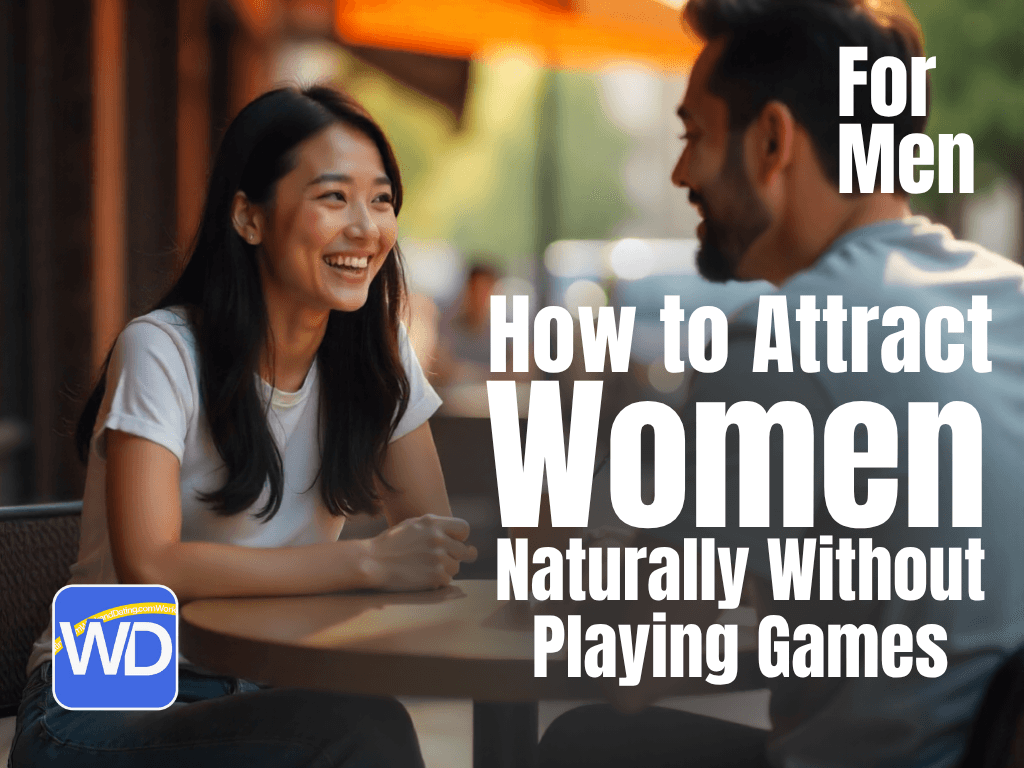 A smiling woman and a man talking and looking at each other, with text overlay that says "How to Attract Women Naturally Without Playing Games."