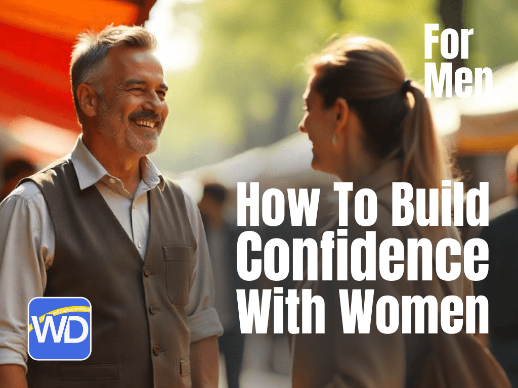 A happy middle-aged man with gray hair smiles at a woman with a ponytail. The man is wearing a white shirt and a gray vest. The woman is wearing a light brown shirt and is partially turned away from the camera. The text "How To Build Confidence With Women" and "For Men" is superimposed on the image, along with a logo for "WorkandDating.com."