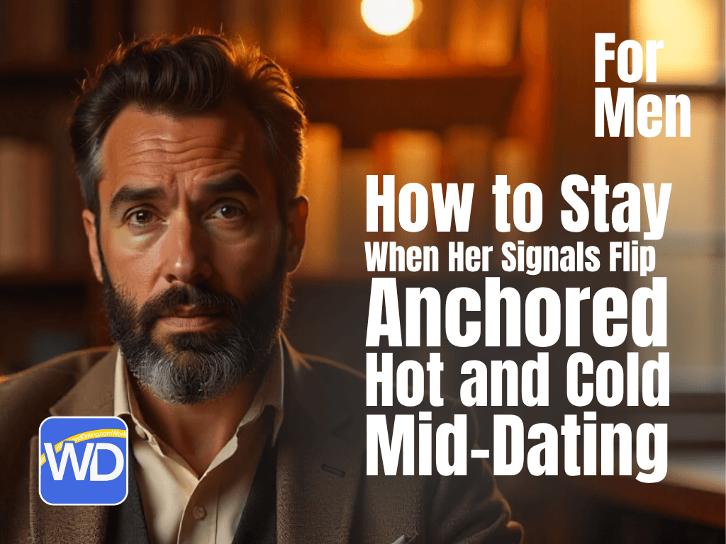 A serious-looking man with a beard and dark hair is looking directly at the camera. He is sitting in a library or studying with bookshelves in the background, and the lighting is warm and slightly dramatic. Text on the right side of the image reads "For Men," "How to Stay Anchored," and "When Her Signals Flip Hot and Cold Mid-Dating." A logo with "WD" and a yellow icon is in the bottom left corner.