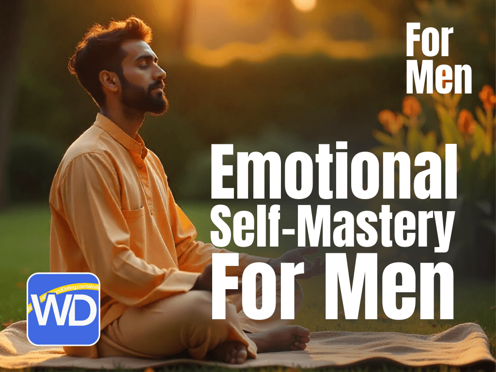 A man in a light orange tunic and pants meditates outdoors at sunset. He is sitting on a mat with his eyes closed, and his hands are resting on his knees. The text "Emotional Self-Mastery For Men" is overlaid on the image, along with the logo for WorkandDating.com.