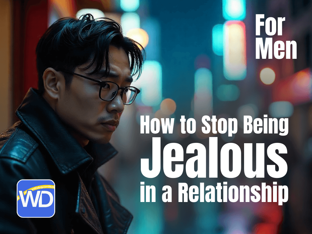 A man with black hair and glasses wears a black leather jacket, looking off to the side with a serious expression. In the background, blurry city lights create a vibrant, nighttime atmosphere. The text on the image reads, "For Men," and "How to Stop Being Jealous in a Relationship." The WorkandDating.com logo is in the bottom left corner.
