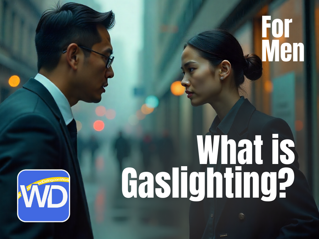 A man and woman in business attire stand facing each other, looking serious. The man, on the left, is wearing a black suit and glasses. The woman, on the right, is wearing a black collared shirt and blazer. The text on the image reads "For Men, What is Gaslighting?" A blue logo with the letters "WD" and "WorkandDating.com" is in the bottom-left corner.