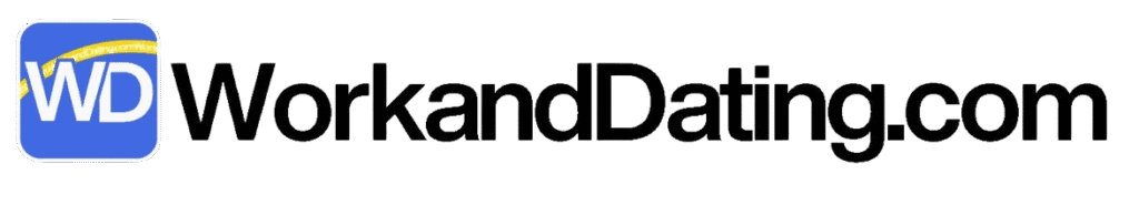 The logo for WorkandDating.com. It features a small, square blue favicon with rounded corners on the left, which contains the letters 'WD' in white and the website's name on a yellow banner. To the right of the favicon, the full name 'WorkandDating.com' is written in a larger, dark grey font.